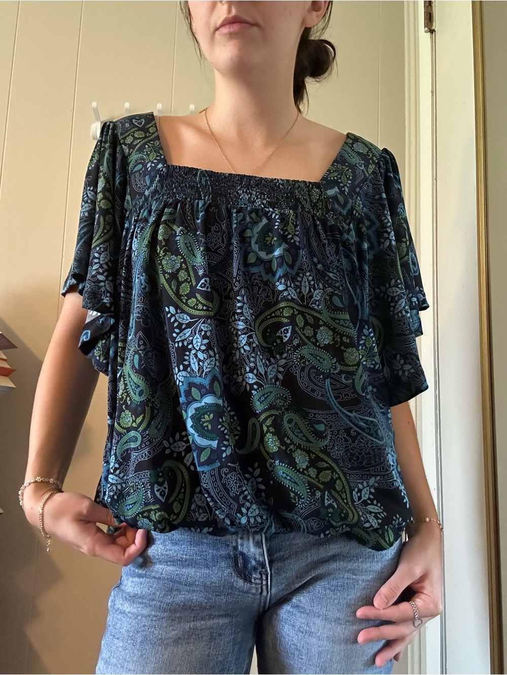 Apt. 9 Navy and Green Paisley Off-Shoulder Blouse